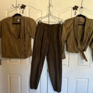 Diane Gilman olive and khaki 3pc silk pant set size 8